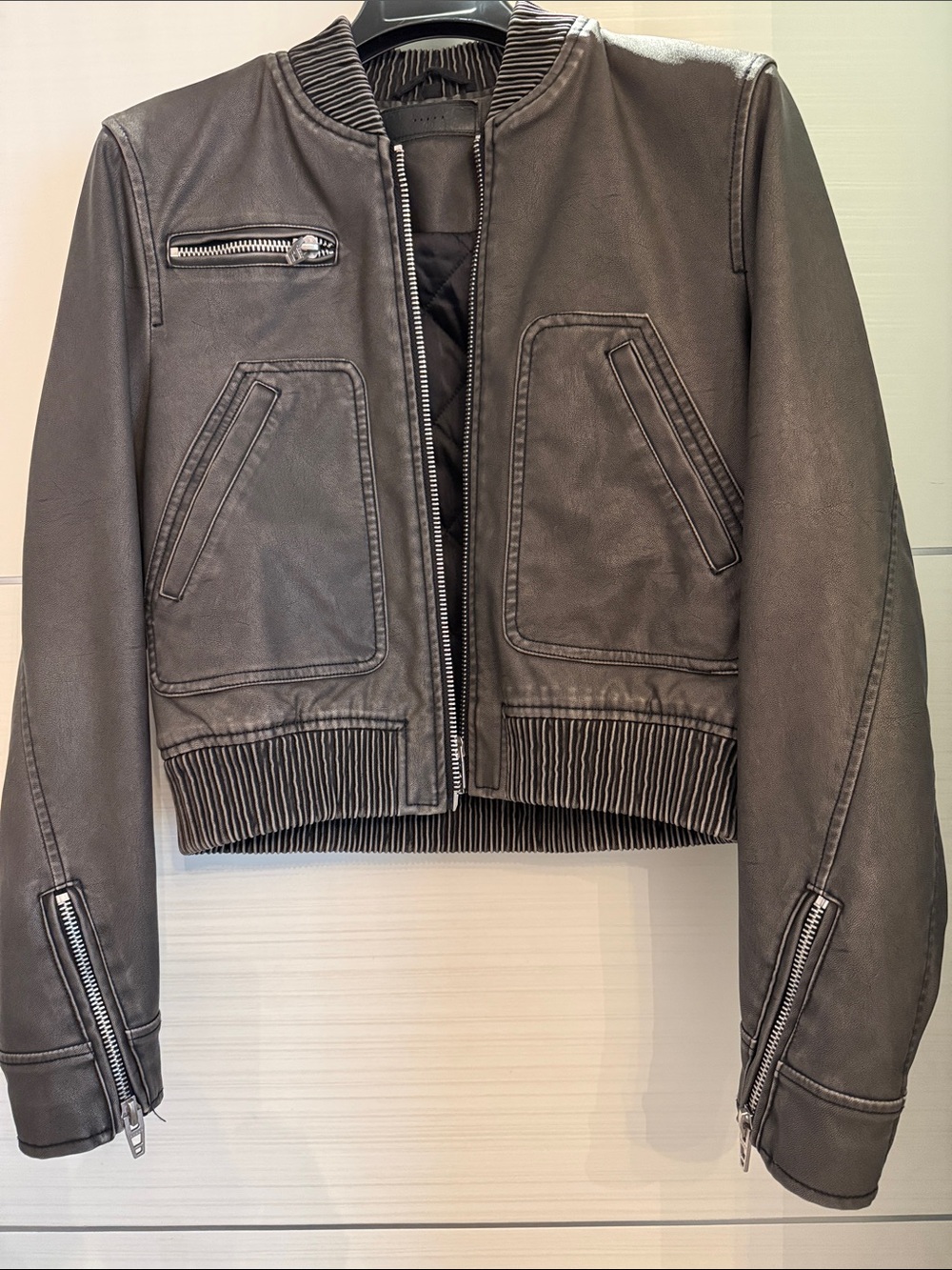 Blank NYC Cropped foux Leather Bomber Jacket with Silver Zippers
